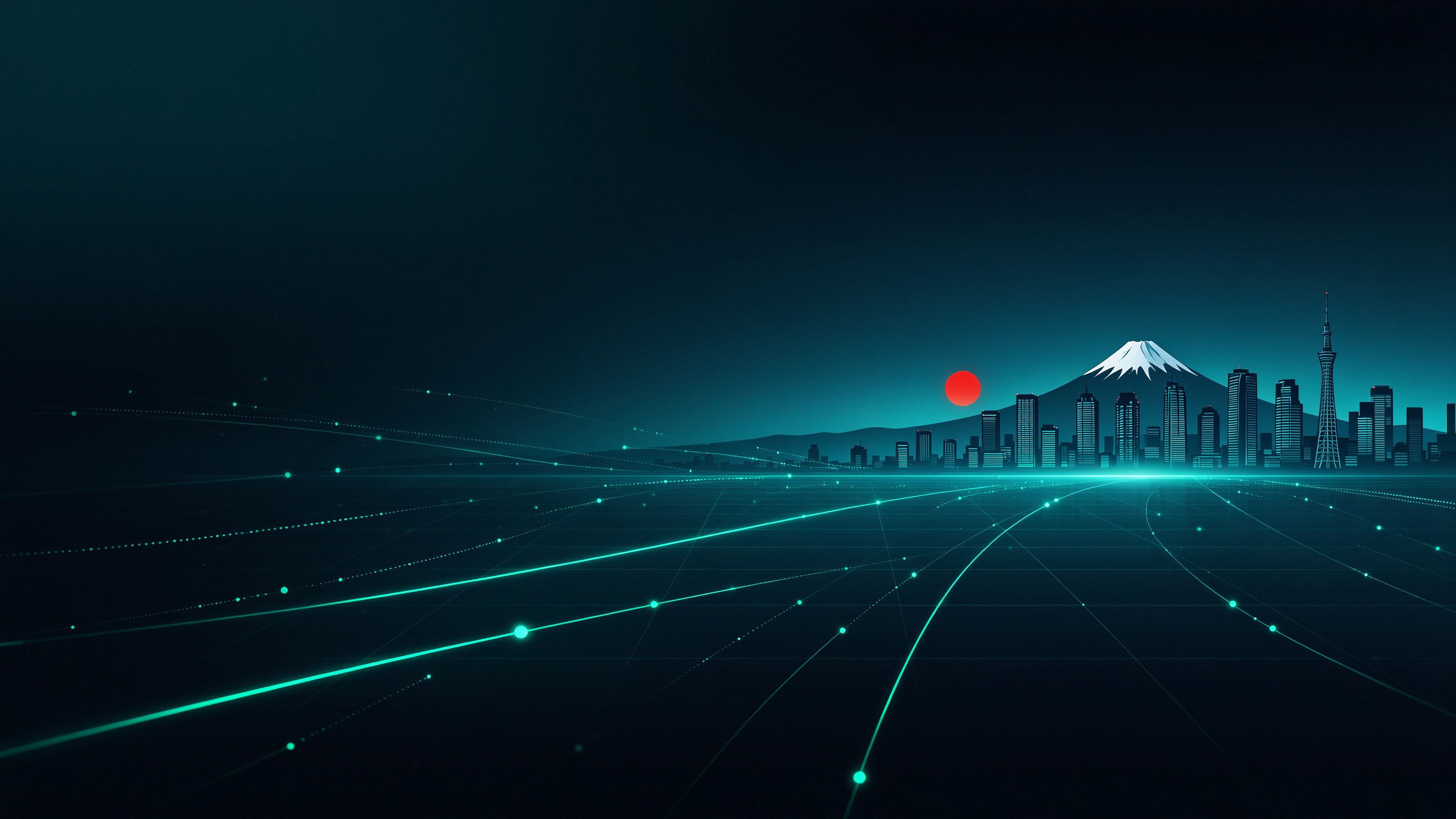 Fuji and Tokyo skyline over a glowing AV-over-IP network — VINGLOOP Japan Co., Ltd. establishment